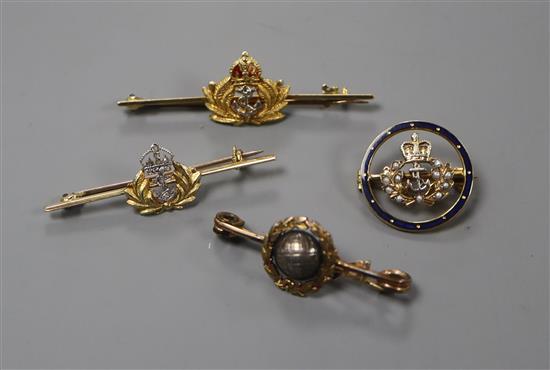 Four military sweetheart brooches, various, comprising a Royal Marine and three Naval examples